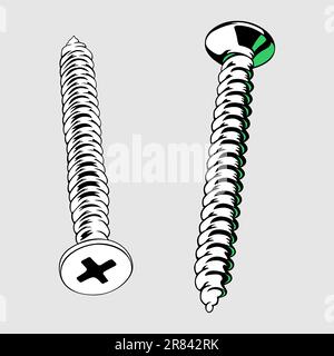 Two screws close-up on light grey background Stock Vector