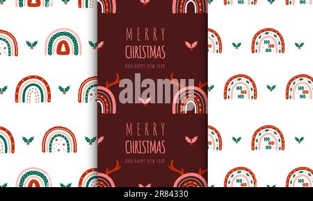 Set of Christmas seamless patterns with rainbows. Cute festive backgrounds in boho style. Vector winter illustration for posters, textile, fabric Stock Vector