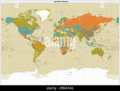 Detailed political world map Turkish language Miller projection Stock Vector