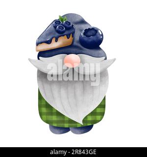 Watercolor gnome boy with blueberry and blueberry cheesecake isolated on white background. Gnome summer fruit illustration. Stock Photo