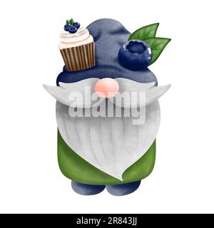 Watercolor blueberry gnome with cupcake. Gnome summer fruit illustration isolated on white background. Invitation,birthday,greeting,decoration,etc. Stock Photo