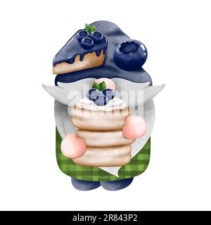 Watercolor gnome boy with blueberry pancakes and blueberry cheesecake isolated on white background. Gnome summer fruit illustration,cafe decoration. Stock Photo