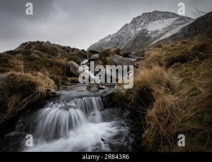 A small waterfall with long exposure in Tryfan, Snowdonia, Wales Stock Photo