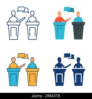 Political debate icon set in flat and line style. Public discussion symbol. Politicians having dispute. Vector illustration. Stock Vector