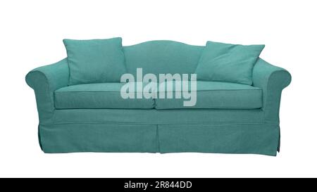 Turquoise sofa with two pillows isolated on white background. Classic english style couch with upholstery cover Stock Photo