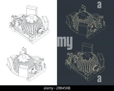 Stylized vector illustrations of isometric blueprints of gyro boat stabilizer Stock Vector