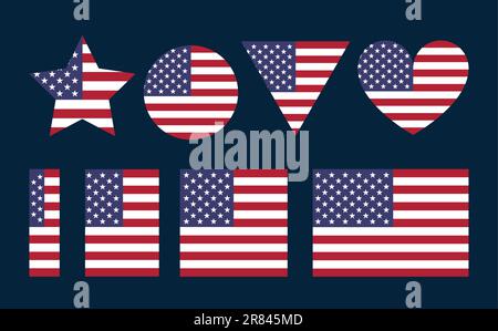 USA flag vector icons set in the shape of heart, star, circle and map. American flag illustration in different geometrical shapes. Stock Vector