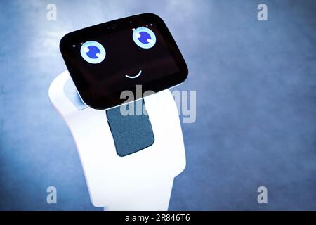 robotic assistant with voice-activated information screen Stock Photo