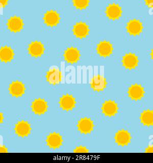 Seamless sun pattern. Cute yellow sun on blue background. Color sunrise, sunset sign. Simple symbol of summer, warmth, vacation, travel, beach. Vector Stock Vector
