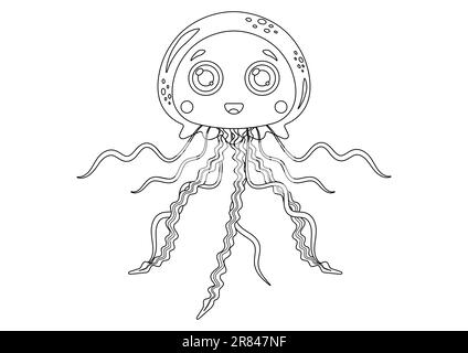 Coloring Page of Jellyfish Cartoon Character Vector Illustration Isolated on White Background Stock Vector