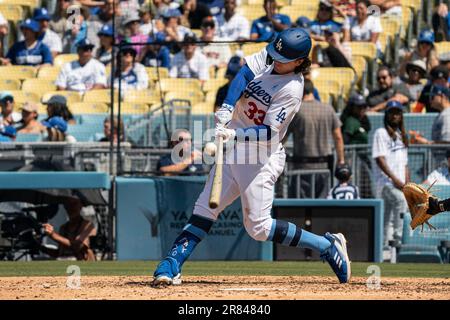Los Angeles Dodgers' James Outman (33) singles during the fourth
