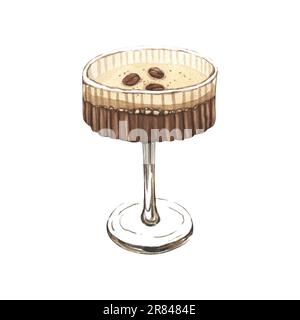 Watercolor glass of espresso martini with coffee grain. Hand-drawn illustration isolated on white background. Perfect for recipe lists with alcoholic Stock Photo