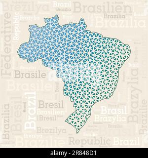 Brazil map design. Country names in different languages and map shape with geometric low poly triangles. Amazing vector illustration of Brazil. Stock Vector