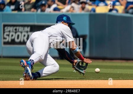 Los Angeles, United States. 18th June, 2023. Los Angeles Dodgers second  baseman Miguel Vargas (17) bunts during a MLB game against the San  Francisco Giants, Sunday, June 18, 2022, at Dodger Stadium