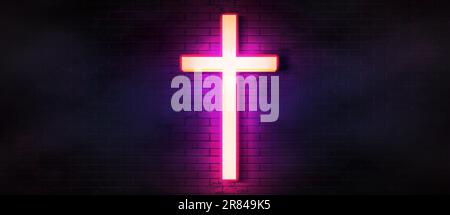 Neon cross web banner. Glowing christian wide cyberpunk background with a holy shrine, brick wall illuminated by cyber lights. Stock Vector