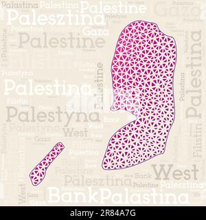 Palestine map design. Country names in different languages and map shape with geometric low poly triangles. Amazing vector illustration of Palestine. Stock Vector