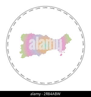 Capri round logo. Digital style shape of Capri in dotted circle with island name. Tech icon of the island with gradiented dots. Vibrant vector illustr Stock Vector