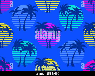 Seamless pattern with palm trees at sunset 80s retro style. Summer time, futuristic sun with palm trees in synthwave style. Design for print, promotio Stock Vector