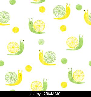Seamless pattern with cute watercolor citrus snails. Stock Vector
