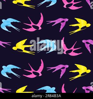 Coloful seamless pattern with watercolor swallows silhouettes Stock Vector