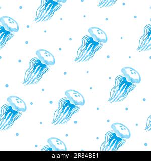 Seamless pattern with blue watercolor jellyfish. Vector sea background ...