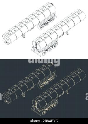 Stylized vector illustrations of isometric blueprints of tanker trailer Stock Vector