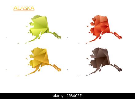 Set of vector polygonal maps of Alaska. Bright gradient map of us state in low poly style. Multicolored Alaska map in geometric style for your infogra Stock Vector