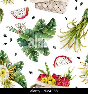 Pitaya dragon fruits harvest in basket, flowers, slices with tropical leaves bouquet seamless pattern on white Stock Photo