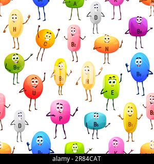 Cheerful vitamin characters seamless pattern. Vitamin pills or dragee cute personages fabric print or vector background, food supplement tablets happy characters vector wrapping paper background Stock Vector