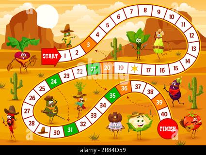 Kids step board game. Cartoon cowboy, bandit, sheriff and ranger vegetable characters. Dice game, roll and move race game vector worksheet with beet, garlic, cucumber and spinach, zucchini, avocado Stock Vector