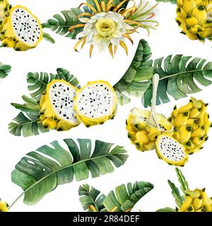 Yellow pitaya dragon fruits slices in tropical leaves seamless pattern on white background. Hand drawn illustration Stock Photo