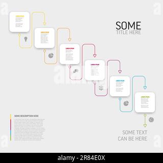 Vector light Infographic template with white rounded square cards in diagonal order with icons titles and descriptions. Simple minimalistic time line Stock Vector