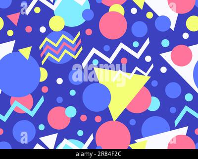 Memphis seamless pattern with geometric shapes in 80s style. Multicolored geometric shapes. Design of promotional products, wrapping paper, covers and Stock Vector