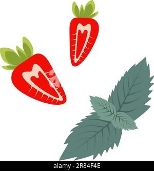 A set of images of half a red strawberry in trendy shades and a mint leaf. The composition of the cocktail. Sticker. Isolate. Vector. EPS. Good for signpost, poster, banner, brochures or postcards, label Stock Vector