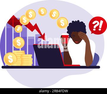 Depressed sad african woman thinking over problems. Bankruptcy, loss, crisis, trouble concept. Vector illustration. Flat. Stock Vector