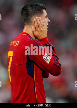 ROTTERDAM, NETHERLANDS - JUNE 18: Alvaro Morata of Spain reacts during the UEFA Nations League 2022/23 Final match between Croatia and Spain at the De Kuip on June 18, 2023 in Rotterdam, Netherlands (Photo by Rene Nijhuis/BSR Agency) Stock Photo