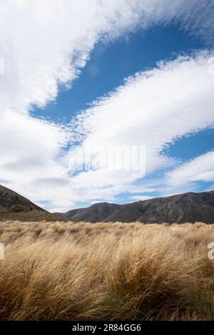 Long clouds over mountains and tussock, Lake Tennyson, near Hanmer Springs, Canterbury,South Island, New Zealand Stock Photo