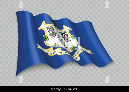 3D Realistic waving Flag of Connecticut is a state of United States on transparent background Stock Vector