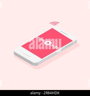 Isometric smartphone with podcast on a screen. Mobile app infographic. Audio waves recording on phone. Vector illustration isolated. Stock Vector