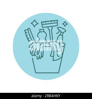 Bucket with cleaning supplies black line icon. Cleaning company. Pictogram for web page, mobile app, promo. Stock Vector