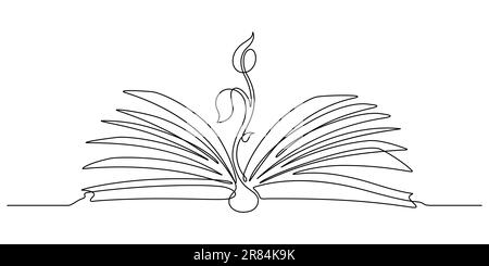 young plant with opening book in continuous line drawing tree of knowledge concept vector illustration Stock Vector
