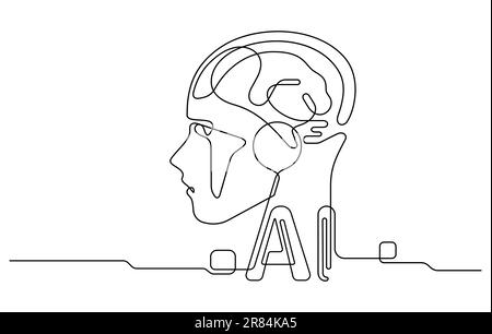 AI artificial intelligence and digital technology brain data robot conceptual.humanoid face line art.continuous line drawing. Stock Vector