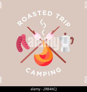 roasted camping trip poster flat design vector illustration. bonfire,barbecue sausage,marshmallow and drip coffee Stock Vector