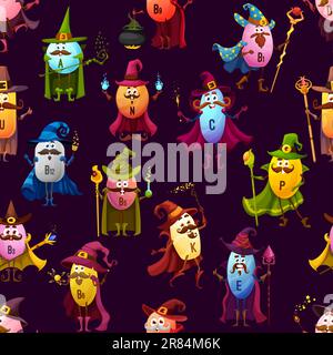Cartoon vitamin wizards, mages and sorcerers characters seamless pattern. Vector background with food supplements capsules personages holding magical wands and staffs. Funny magicians cast spells Stock Vector
