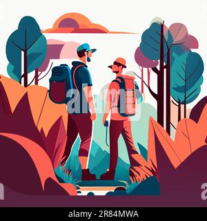 Two tourists with backpacks standing in mountain landscape with forest, under blue sky with clouds and flying birds Stock Vector