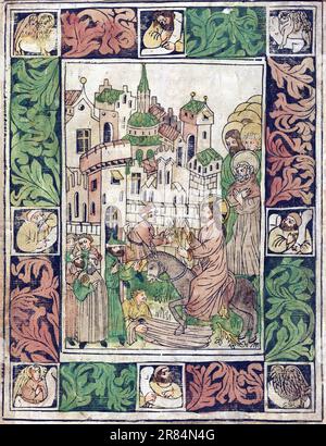 German 15th Century,  woodcut, hand-colored in rose, yellow, brown, green, and gray Christ's Entry into Jerusalem, c. 1450 Stock Photo