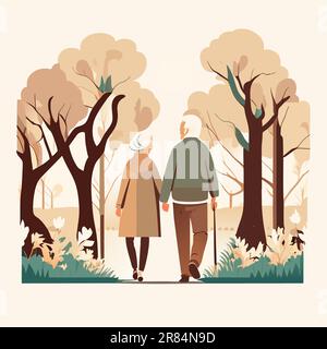 Old senior man and woman walking together. Grandparents together on walk at park in summer. grandmother with walker and grandfather cane among green f Stock Vector