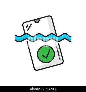 Waterproof mobile phone, device protect of liquid isolated outline icon. Vector device protection, waterproof mobile sign. Smartphone and water blobs Stock Vector