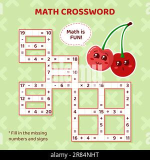 Math Crossword puzzle for kids. Addition, subtraction, multiplication and division Stock Vector