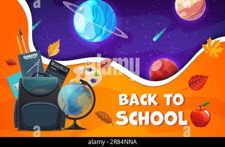 Landing page or back to school poster. Cartoon space planets and schoolbag with supplies. Cartoon vector galaxy, backpack, books, paints, globe, compass, pen, pencil and student learning stationery Stock Vector